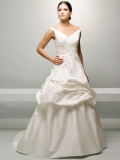 2012 simple elegant Off The Shoulder V Neck applique decoration at waist Ruffed skirt Cheap Wedding Dress