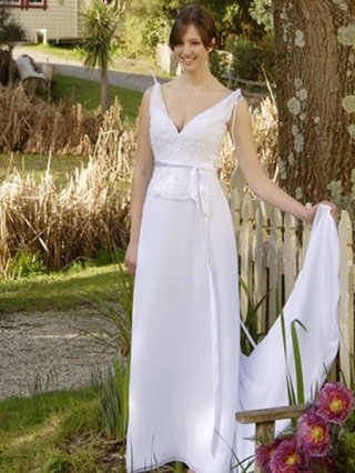 Fascinating Deep V-neck White Embroider Long Sash Design Beach Wedding Dress