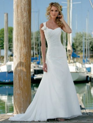 Discount Unique One Shoulder With Flower Pleated Chiffon Beach Wedding Dress 2011