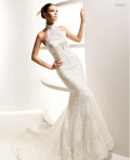 New Style stylish Cheap Embroider Applique high neck lace Mermaid Wedding Dress
