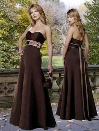 Affordable Cheap Chocolate Strapless Sweetheart Sash Appliques Designer Bridesmaid Dress