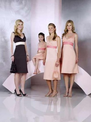 Hot New Style Cheap Wide Sheer Straps V-neck Empire Waist tea length Sash Junior Bridesmaid Dress