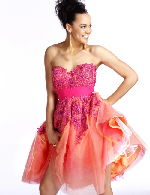 Tea Length Appliques Red waist straps Tulle Satin Homecoming / Cocktail Prom Dress