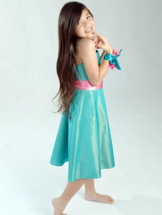 New Style Blue wholesale fashion Design Elastic Satin Red Sash Flower Girl Dress