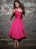 Fuchsia One Shoulder A-line Taffeta Tea length Prom Dress/ Bridesmaid Dress