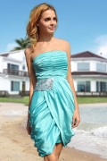 Strapless Pleated Beading Half Ruched New Style Satin Short Cocktail(OCT-87)