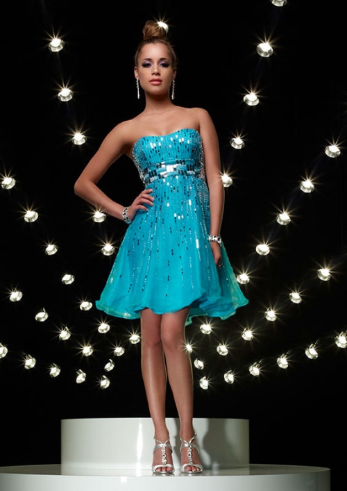 Shining Light Blue A-line Sequin Fabric strapless Design Homecoming Cocktail Dress