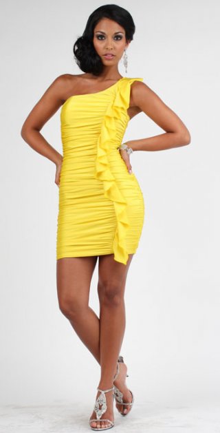 Mini Simple Sexy One Strap Yellow Satin Crystal Cocktail Dress/ Homecoming Dress