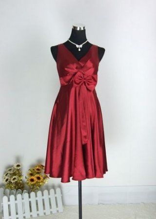Red Satin Tea length V-neck Bowknot Party/ Homecoming/ Cocktail Dress