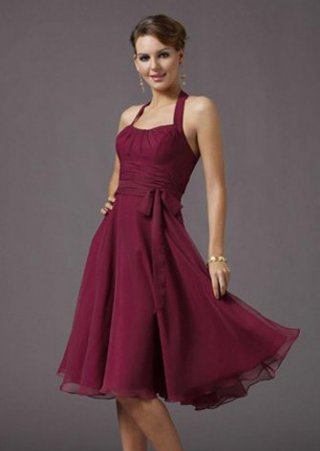 Chiffon A-line Tea length Red Halter Homecoming Dress/ Bridesamid Dress/ Colktail Dress