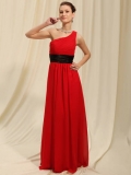 Red With One Shoulder Dropped With A Pleated Waist Bridesmaid Dress