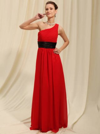 Red With One Shoulder Dropped With A Pleated Waist Bridesmaid Dress