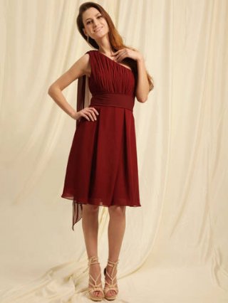 New Style Claret With One Inclined Shoulder Pleated Ankle Length Bridesmaid Dress