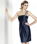 Dark Blue One Strap with Beadings Column Tea length Satin Homecoming Dress/ Cocktail Dress