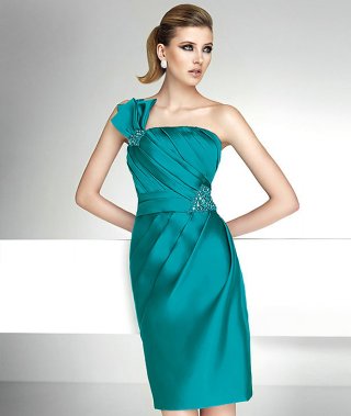 Turquoise One Shoulder Tiered Satin Sheath/ Column Short Homecoming Dress/ Cocktail Dress