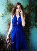 Halter V-neck sapphire plicated Fashion a-line Design Knee Length Cocktail Prom Dress