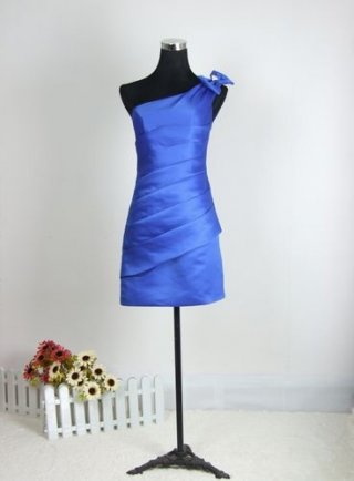 One Shoudler with Bowknot Royal Blue Tea length Satin Party/ Homecoming/ Cocktail Dress