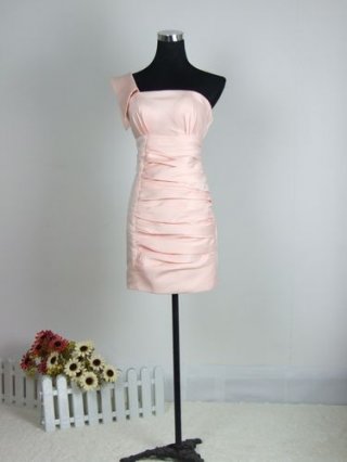 Pink One Shoulder Tea length Ruched Style Party/ Homecoming/ Cocktail Dress