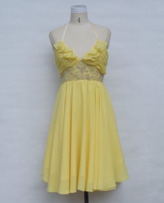 Yellow Halter Chiffon Tea length V-neck Beads Working Party/ Homecoming/ Cocktail Dress