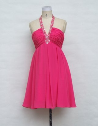 Halter V-neck Fuchsia Tea length Chiffon Party/ Homecoming/ Cocktail Dress