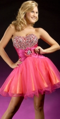 Strapless Pleated Beading Appliques Oragnza Satin Mini / Homecoming Prom Dress