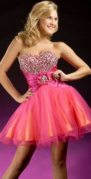 Strapless Pleated Beading Appliques Oragnza Satin Mini / Homecoming Prom Dress