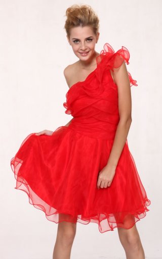 lovely Style A-line one shoulder Ruffles Sleeveless Short / Mini Organza red Cocktail Dress / Homecoming Dress