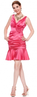 Fuchsia satin a-line V-neckline short/Mini Length Cocktail Dress / Homecoming Dress/Party Dresses