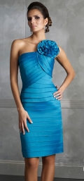 Elegant pleated Blue One Flower Strap Pleated knee length mermaid Design Evening dress