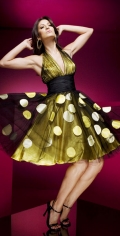 Halter Yellow Satin Black Network Round Dot Tiny Pleated Tea length Homecoming / Bridemaid Prom Dress