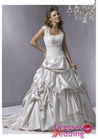 Elegant Taffeta&Lace Asymmetrical A-line with Lace up back and Chapel Train Bridal Wedding Dresses