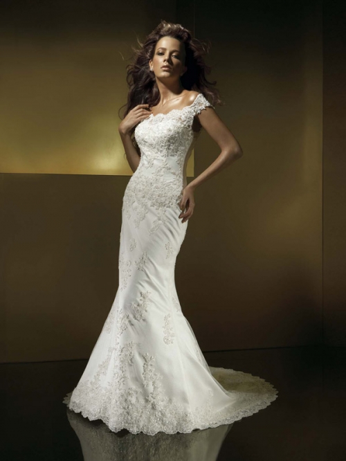 Slim-line Cap Sleeves Chapel Train Satin Wedding Dresses (yz0264)