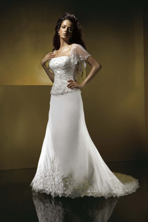 A-line Cap Sleeves Chapel Train Satin Wedding Dresses (yz0341)