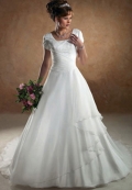 A-line Short Sleeves Chapel Train Satin Wedding Dresses (yz0344)