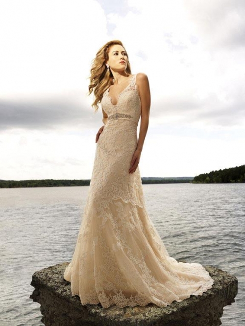 Ivory Mermaid V-neck Straps Applique Beading Lace Bridal Dress (BOTS1016)