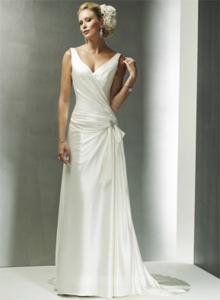 V-neck Dropped Waist Sweep Train Satin Wedding Dresses (yz0354)
