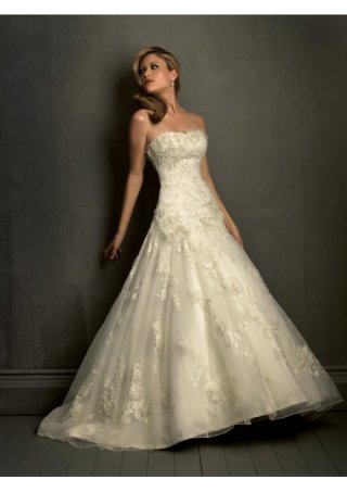 Strapless A-line ball gown embellished with soft flowers,lace appliques,crystals Sweep train Wedding Dresses (BOTS1290)