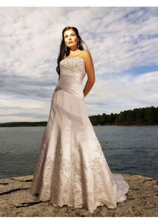 Soft Satin strapless Empire line with embroidery and crystals Chapel train Wedding Dress (BOTS1287)