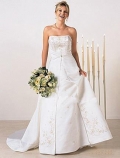 A-line Strapless Chapel Train Lace Satin Wedding Dresses (yz0474)