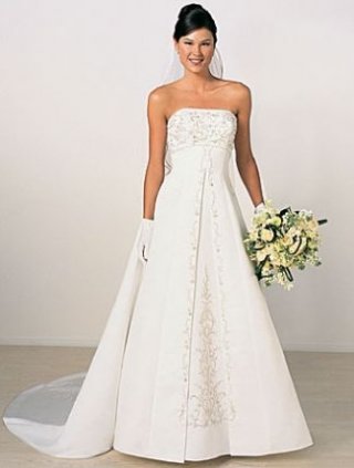 A-line Strapless Chapel Train Lace Satin Wedding Dresses (yz0486)