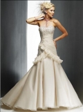 Strapless A-line Chapel Train Organza Lace Wedding Dresses (SK0044)