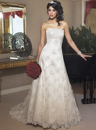 Strapless A-line Corset Back Satin Lace Wedding Dresses (SK0025)