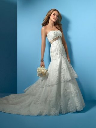 Strapless Semi-cathedral Train Lace Satin Wedding Dresses (SR0171)