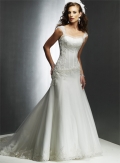 A-line Cap Sleeves Chapel Train Tulle Wedding Dresses (SR0061)