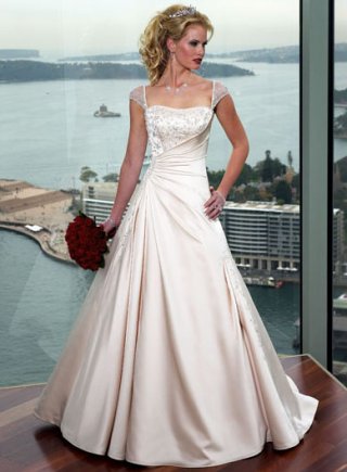 A-line Corset Back Cap Sleeve Satin Wedding Dresses (SR0057)