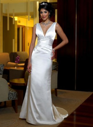 A-line Deep V-neck Sweep Train Satin Wedding Dresses (SR0050)