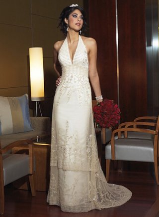 A-line Halter Sweep Train Lace Wedding Dresses (ST0107)