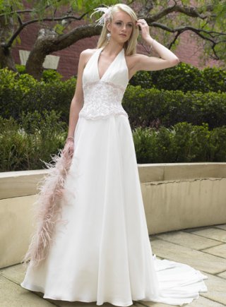 A-line Halter Sweep Train Satin Wedding Dresses (ST0106)