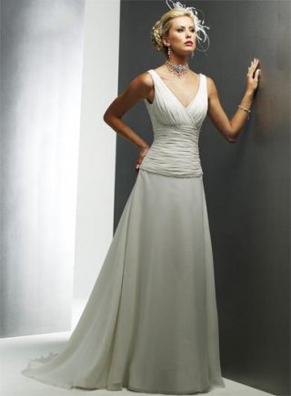 A-line Deep V-neck Sweep Train Chiffon Wedding Dresses (ST0124)