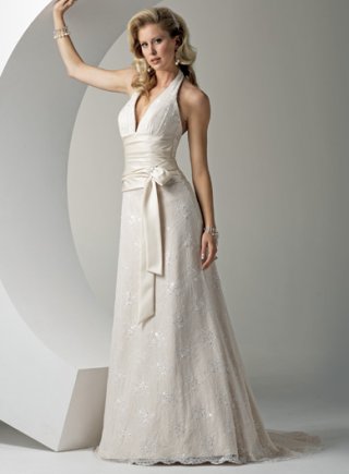 A-line Deep V-neck Sweep Train Lace Wedding Dresses (ST0122)